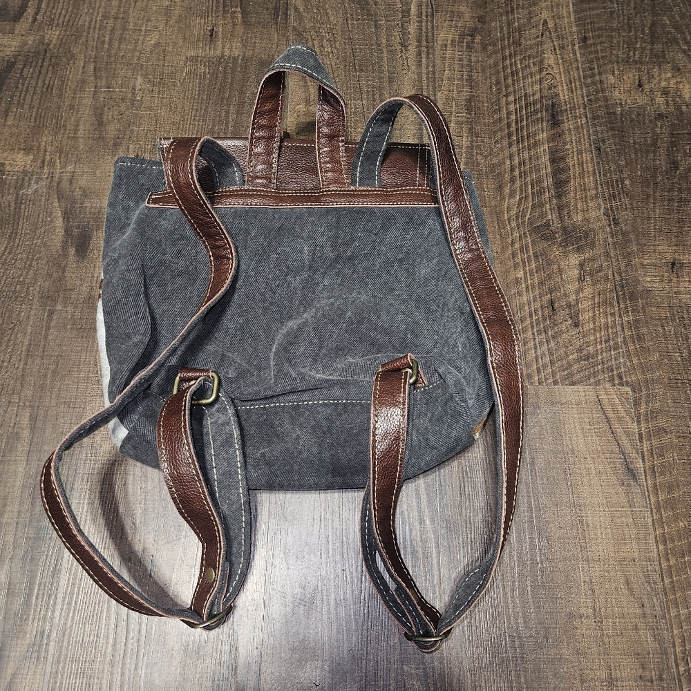 Myra Bag Hanging Buckle Upcycled Canvas And Cowhide Leather Backpack - Picture 3 of 4